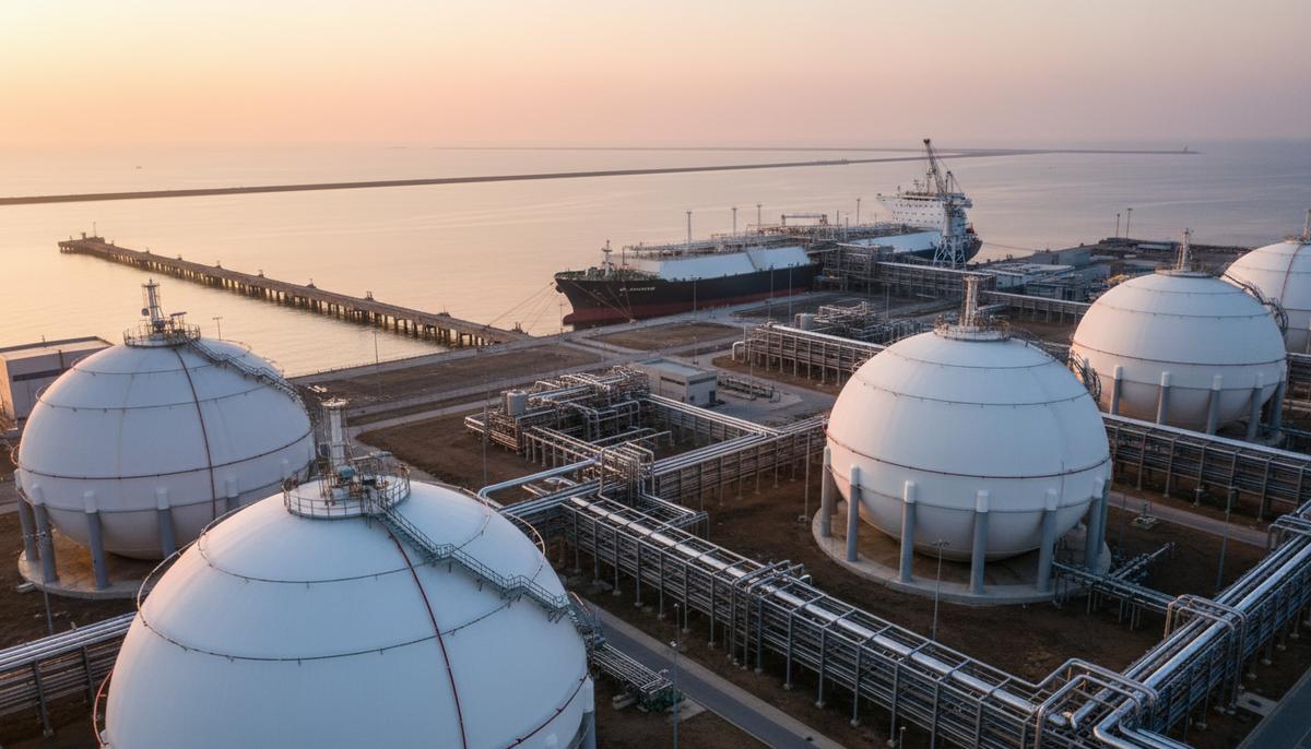 Современный терминал СПГ с большими сферическими резервуарами для хранения газа и сетью трубопроводов на побережье.