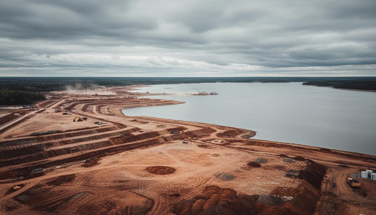 Обширная подготовленная площадка для строительства новой атомной электростанции на берегу большого озера, вдалеке видна спецтехника.