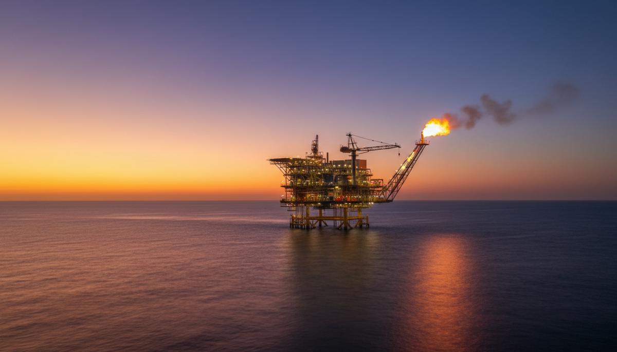 Морская платформа по добыче природного газа «Левиафан» в Средиземном море на закате.