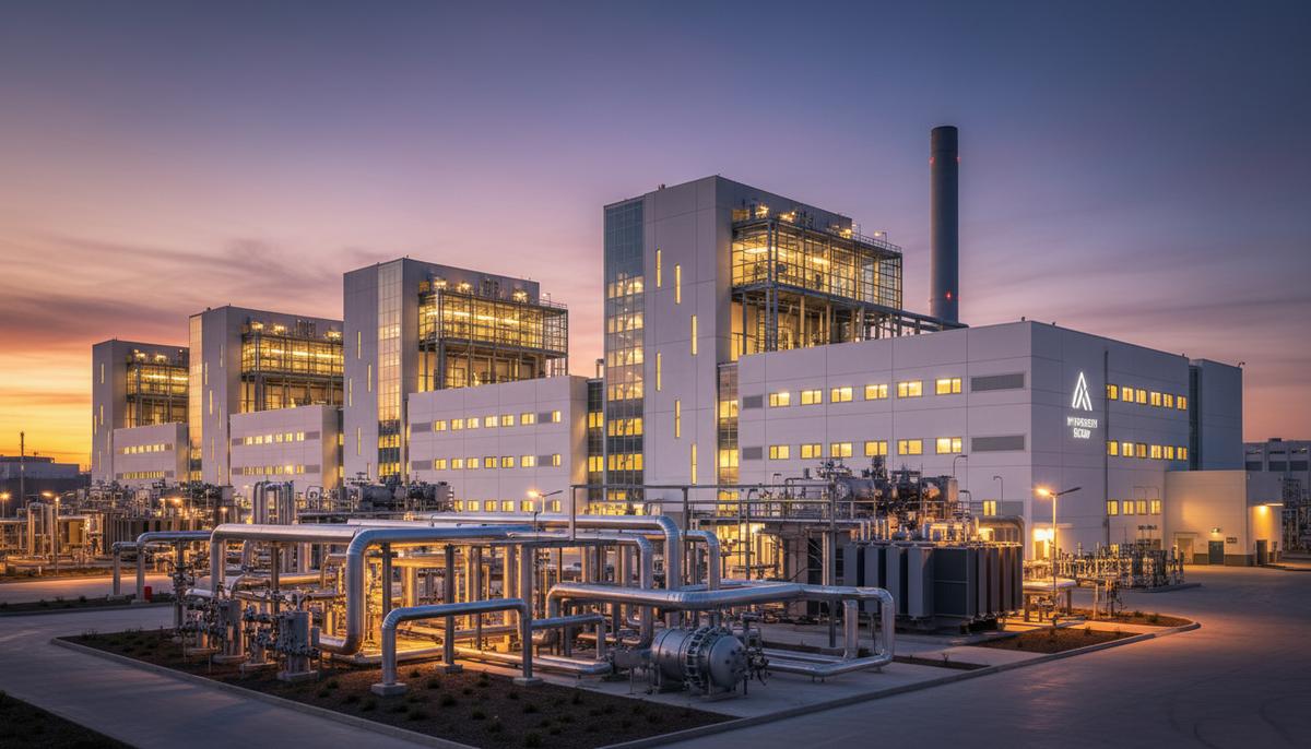 Современная газовая электростанция в сумерках. Промышленные здания, стальные трубопроводы и технологическое оборудование.