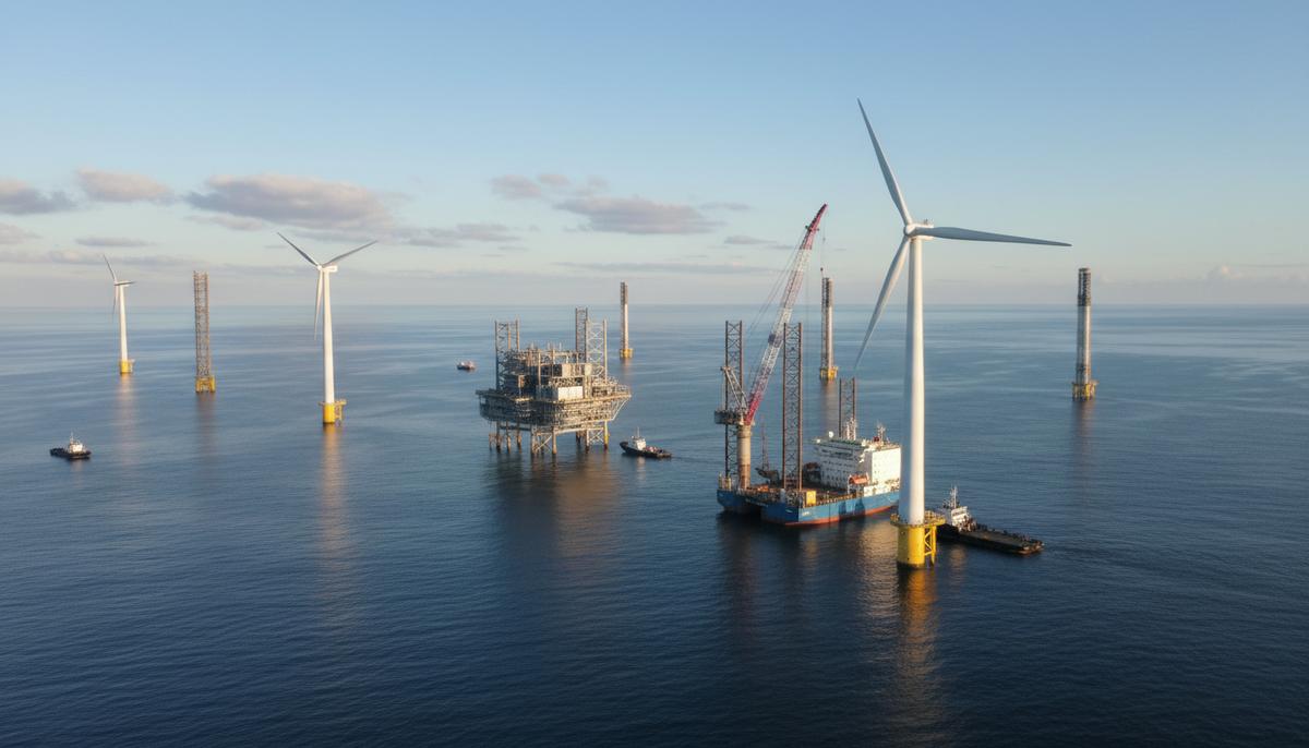 Морская ветроэлектростанция Empire Wind 1 на этапе строительства: ветряные турбины и подстанция в открытом океане.