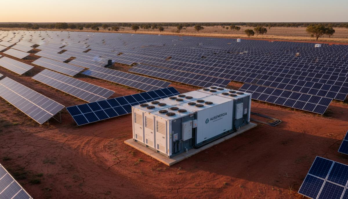 Большая солнечная электростанция с рядами панелей в австралийской пустыне и контейнер системы накопления энергии на переднем плане.
