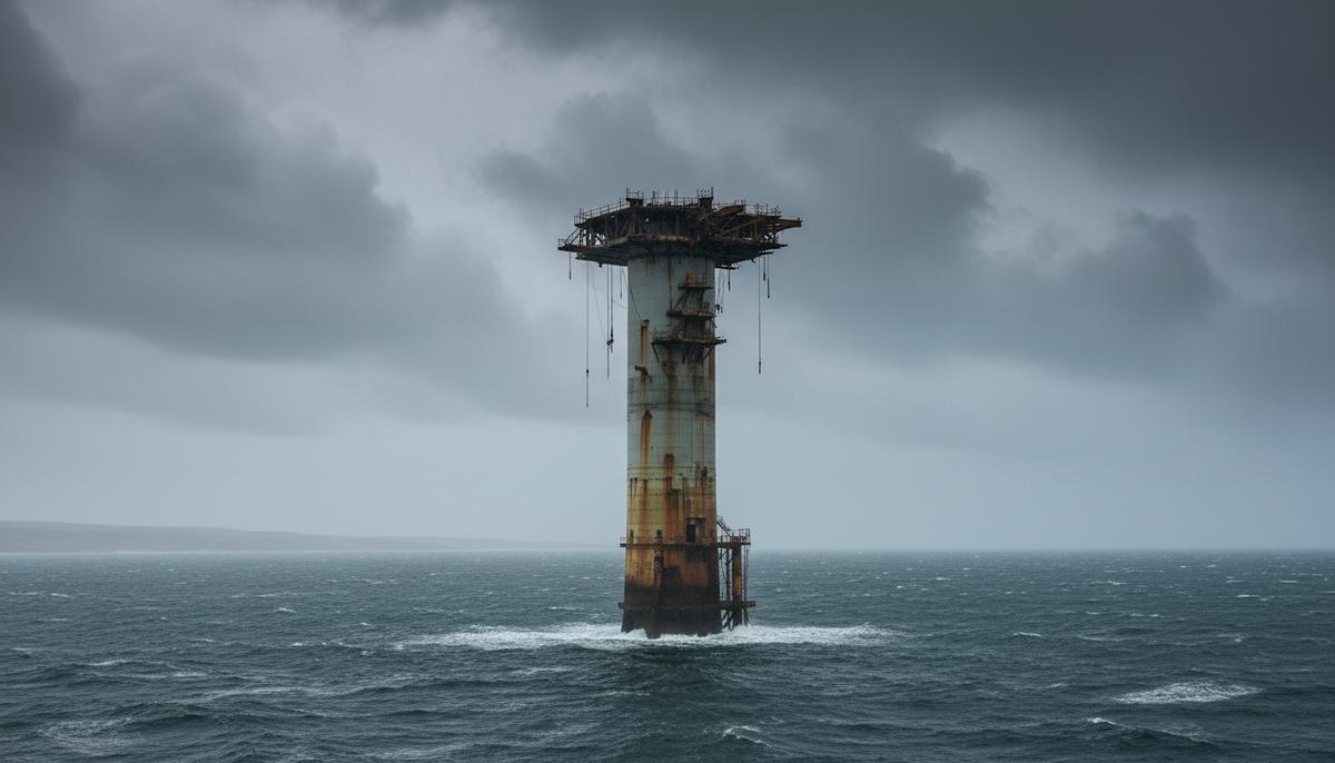 Основание для морской ветряной турбины в неспокойном Ирландском море под пасмурным, облачным небом.