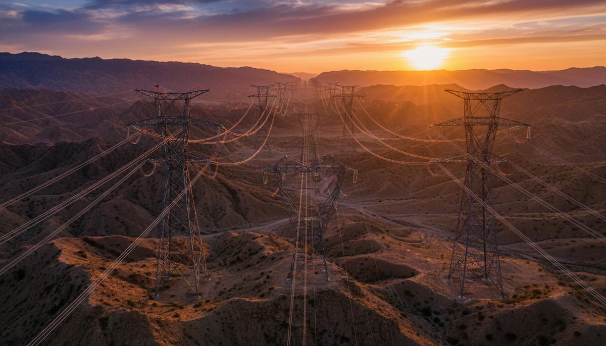 Китай инвестирует $570 млрд в модернизацию национальной энергосети Огромные опоры линий электропередачи сверхвысокого напряжения, уходящие за горизонт в гористой пустынной местности Китая.