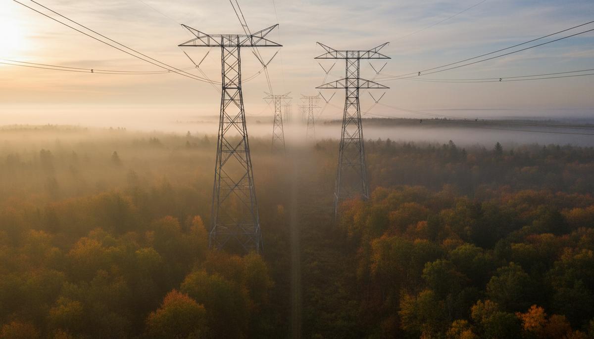 Высоковольтная линия электропередачи с металлическими опорами, уходящая вдаль над густым лесом на рассвете.