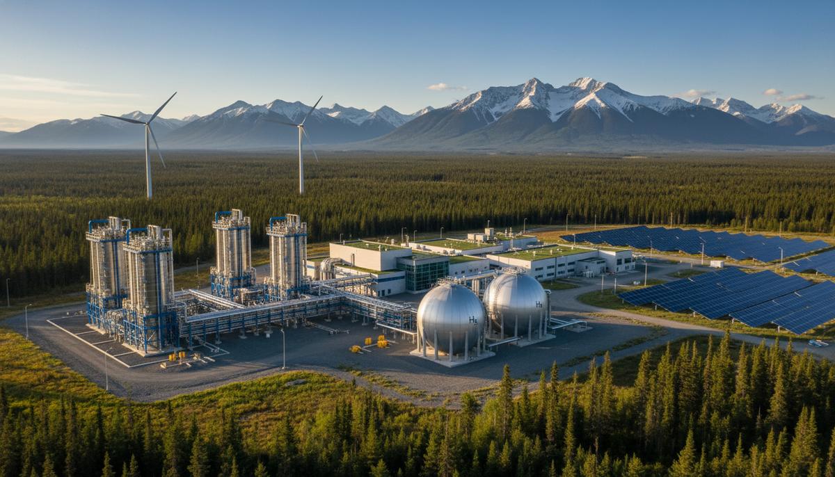 Современный завод по производству зеленого водорода с электролизерами и резервуарами на фоне канадского лесного пейзажа.