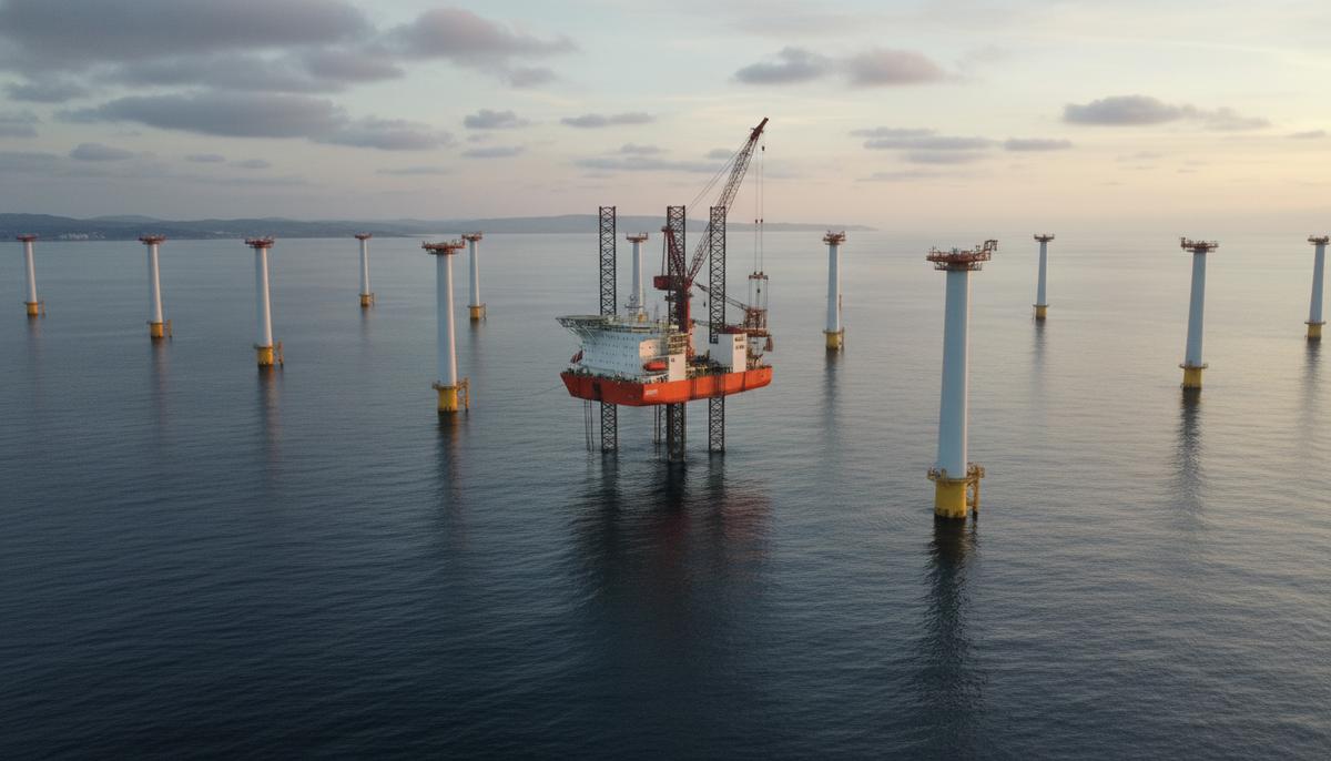 Монтаж морских ветрогенераторов в открытом океане с помощью строительного судна на фоне линии горизонта.