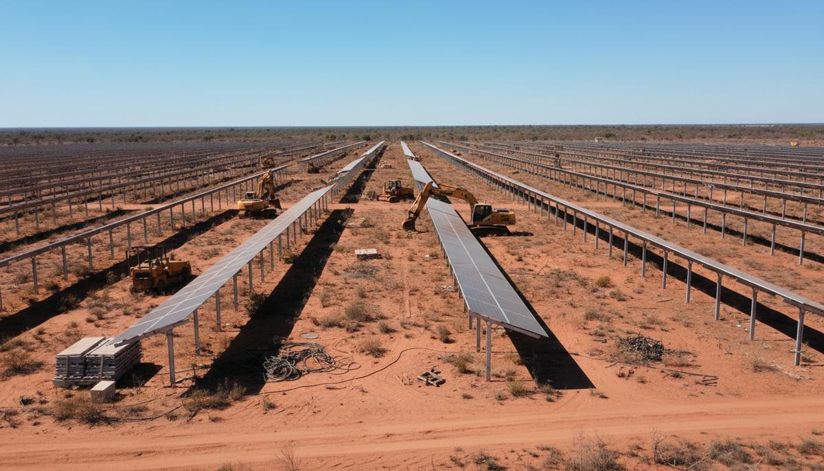Бескрайнее поле с частично установленными рядами солнечных панелей и простаивающей строительной техникой в Бразилии.