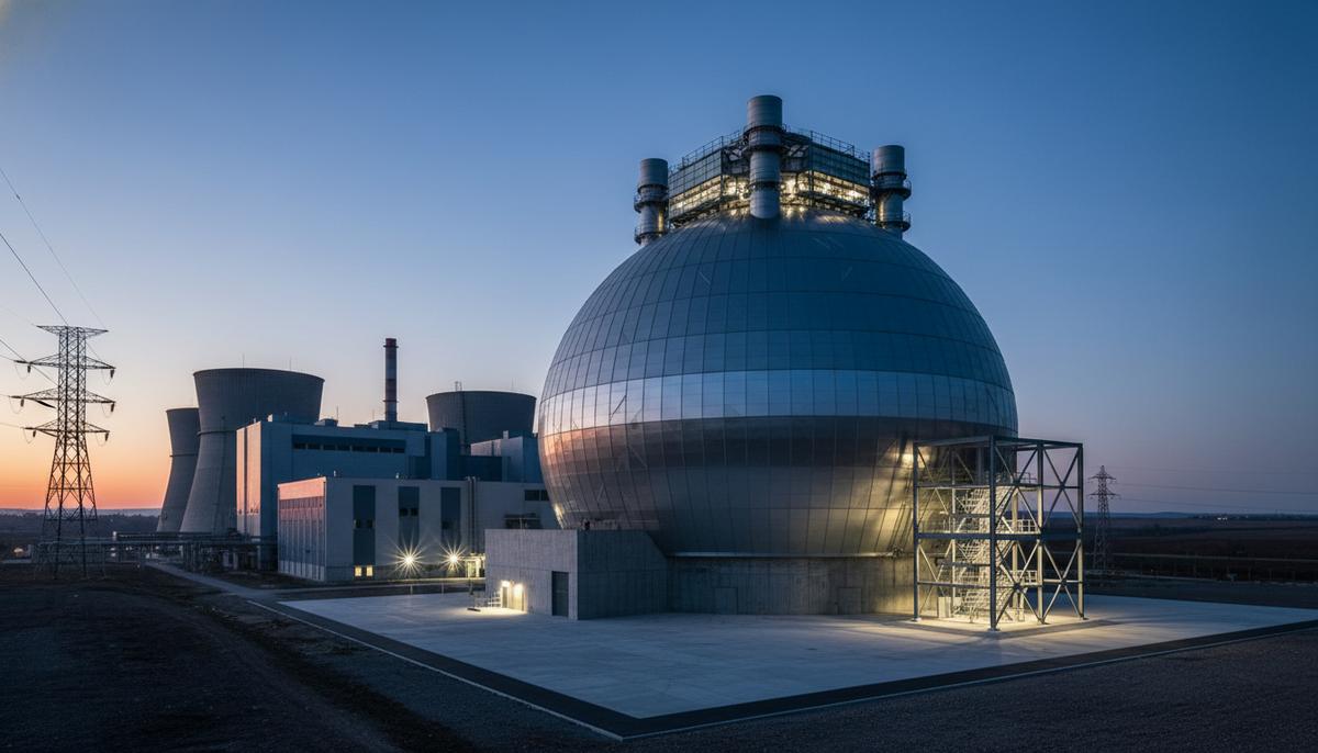 Новый современный энергоблок атомной электростанции Ясловске-Богунице в Словакии на фоне старых корпусов.