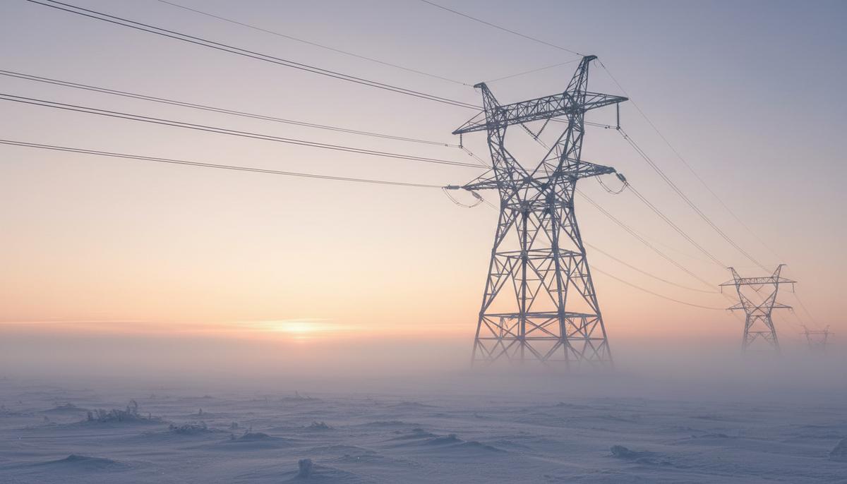 Опора линии электропередачи в заснеженном поле на рассвете, провода уходят вдаль к горизонту.