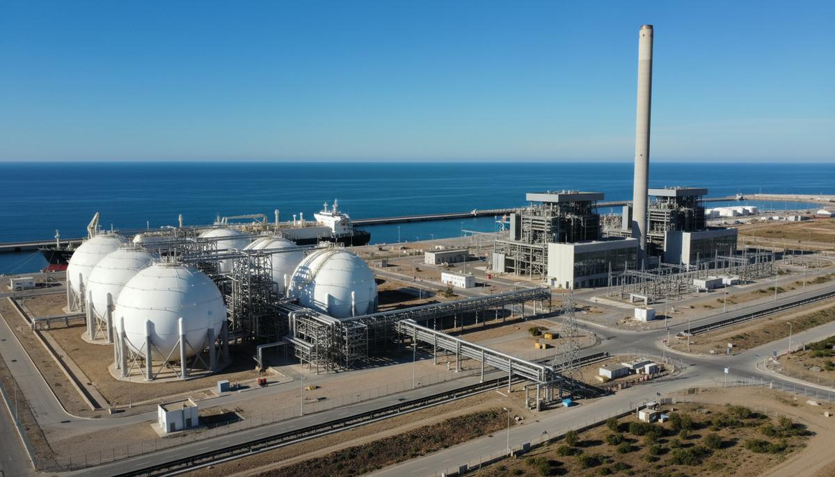 Современный СПГ-терминал с резервуарами для хранения газа и газовая электростанция в порту Надор Вест Мед, Марокко.