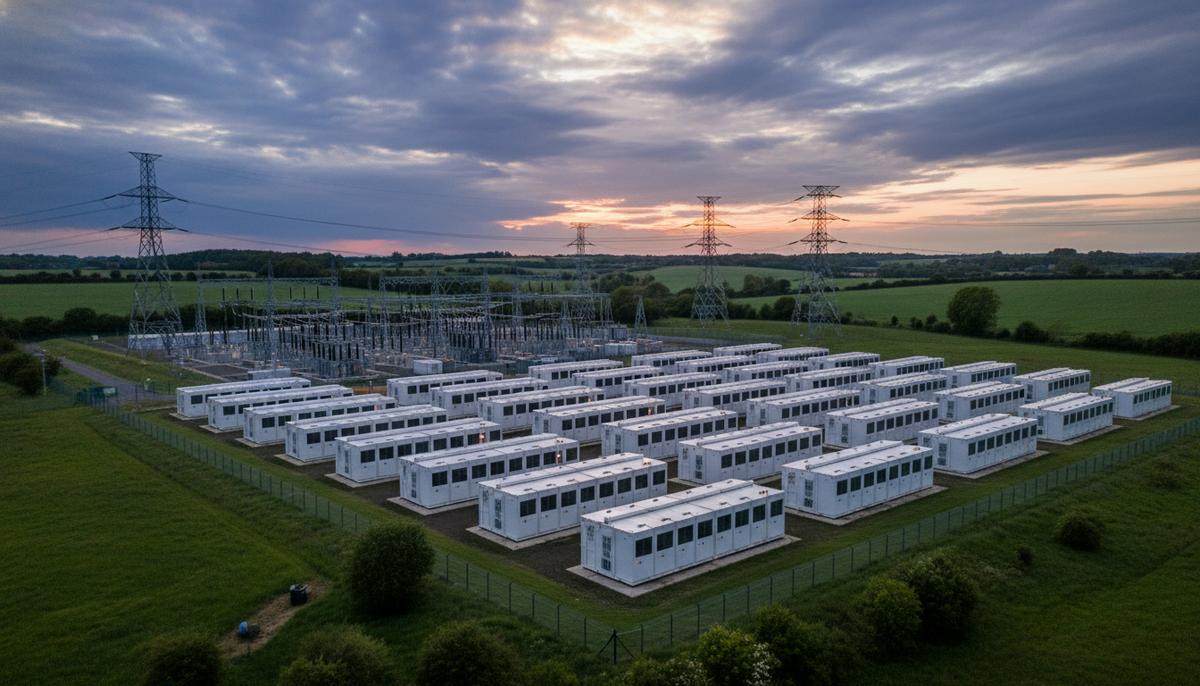 Ряды белых контейнеров системы накопления энергии на фоне крупной электроподстанции в зеленой сельской местности.