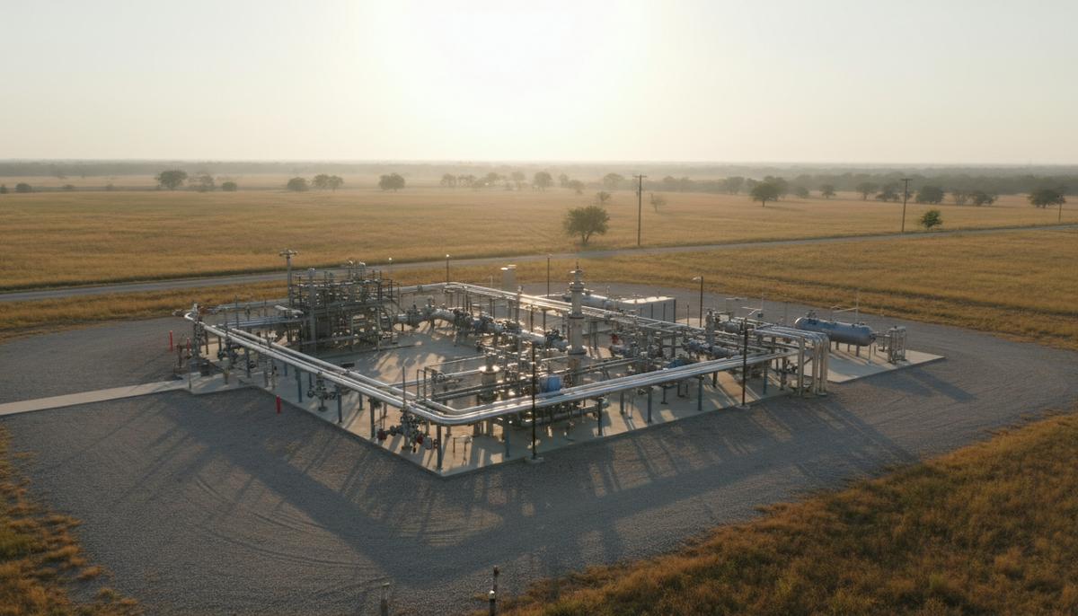 Газодобывающая скважина на сланцевом месторождении Хейнсвилл на фоне пейзажа Техаса на рассвете. Видны трубы и технологическое оборудование.