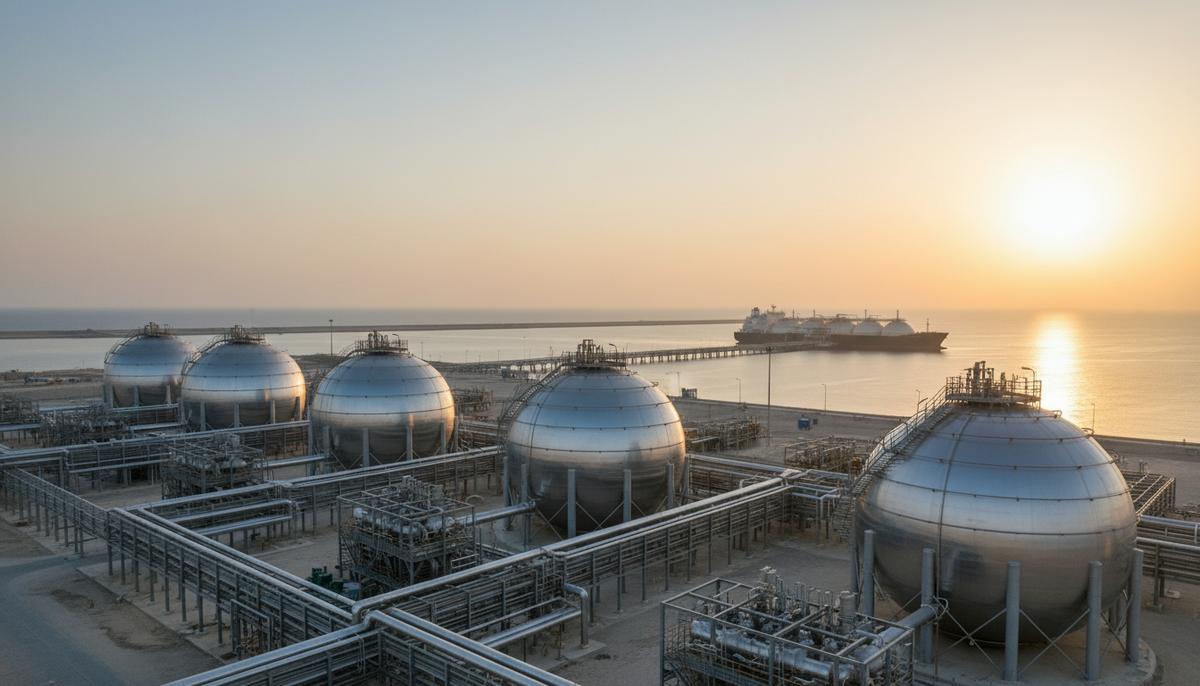 Завод по производству СПГ в ОАЭ: крупные резервуары, трубопроводы и морской терминал с газовозом на рассвете.