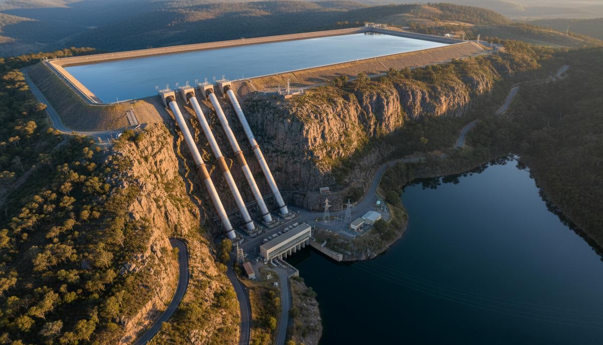 Верхний и нижний резервуары гидроаккумулирующей электростанции в горной местности Австралии, соединенные трубами на склоне холма.