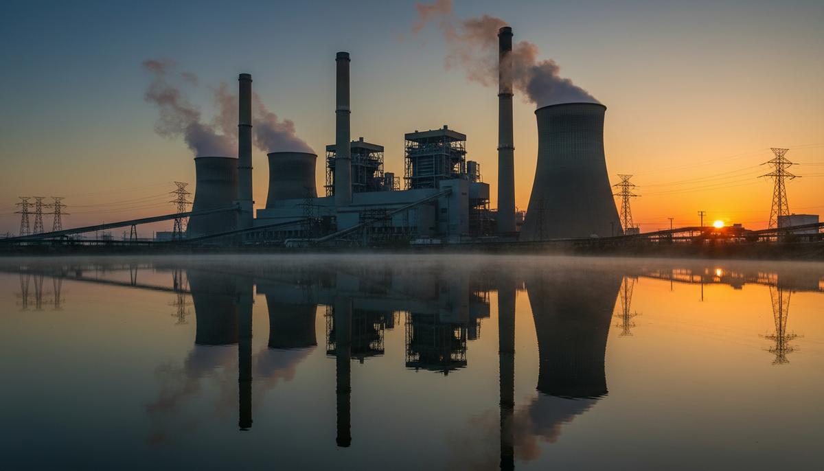 Крупная угольная электростанция с высокими трубами на берегу озера на рассвете. Промышленные здания и дым отражаются в воде.