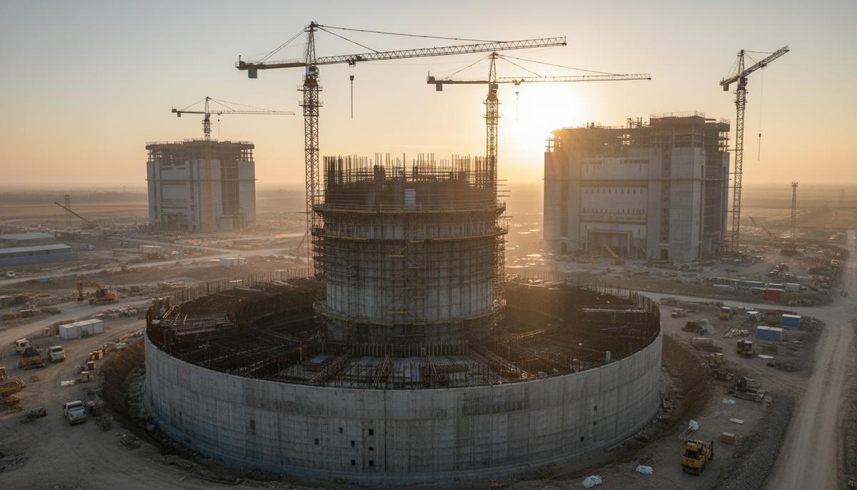 Строительная площадка атомной электростанции на рассвете. Заливка бетонного основания реактора, строительные краны на фоне.