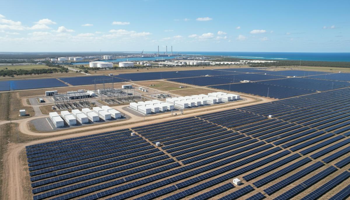 Австралия: гигантский гибридный проект заменит угольную станцию в Квинсленде Солнечная электростанция с рядами панелей и комплекс аккумуляторных батарей на фоне промышленного пейзажа Квинсленда, Австралия.
