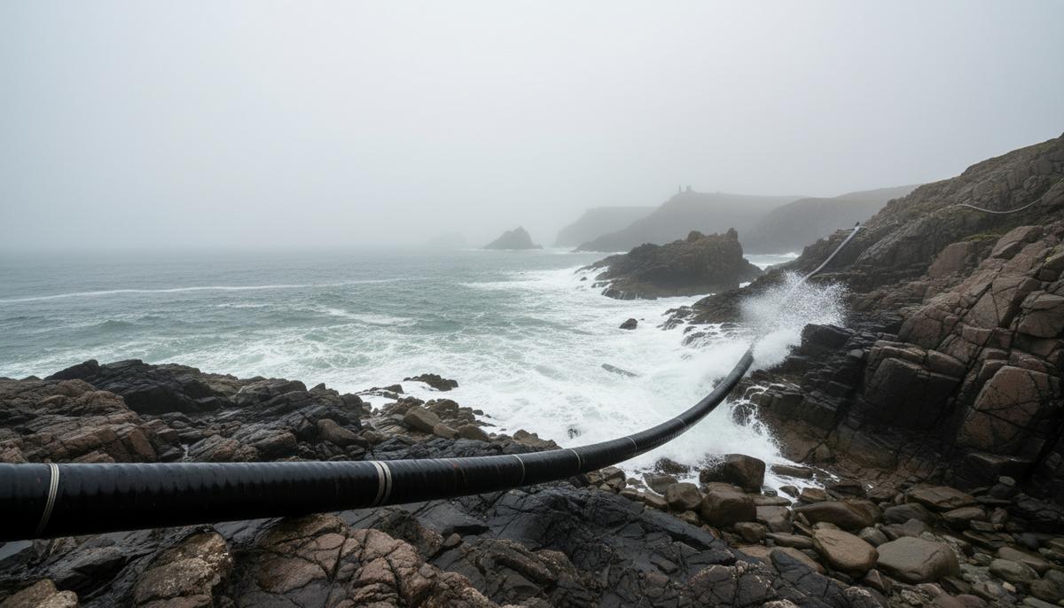 Толстый подводный силовой кабель выходит из бурного моря на скалистый берег Шотландии в пасмурную погоду.