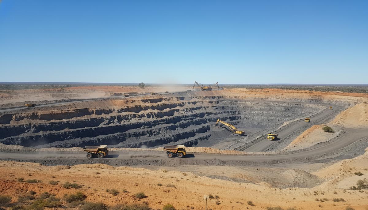 Огромный угольный карьер в Австралии с горнодобывающей техникой и слоями угольных пластов на склонах.