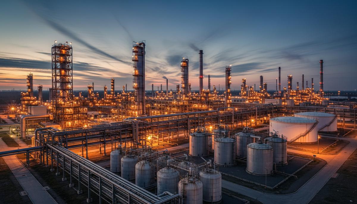 Венгерская MOL приобретает ключевой актив Газпром нефти в Сербии Нефтеперерабатывающий завод в Панчево, Сербия, в вечернее время. Вид на промышленные установки, трубопроводы и резервуары.