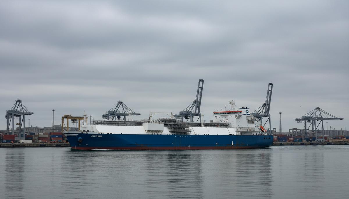 Плавучий СПГ-терминал «Cape Ann» отходит от причала в промышленном порту Гавр, Франция.