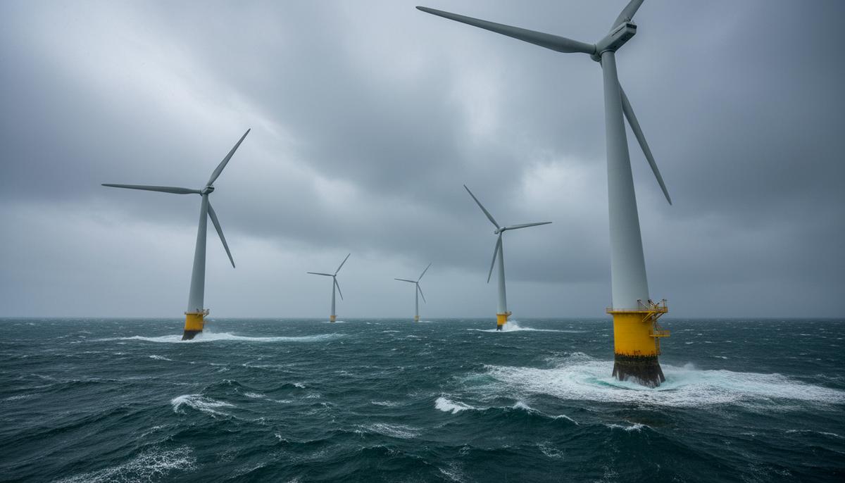 Морские ветряные турбины в бурном Северном море у побережья Шотландии под пасмурным, облачным небом.