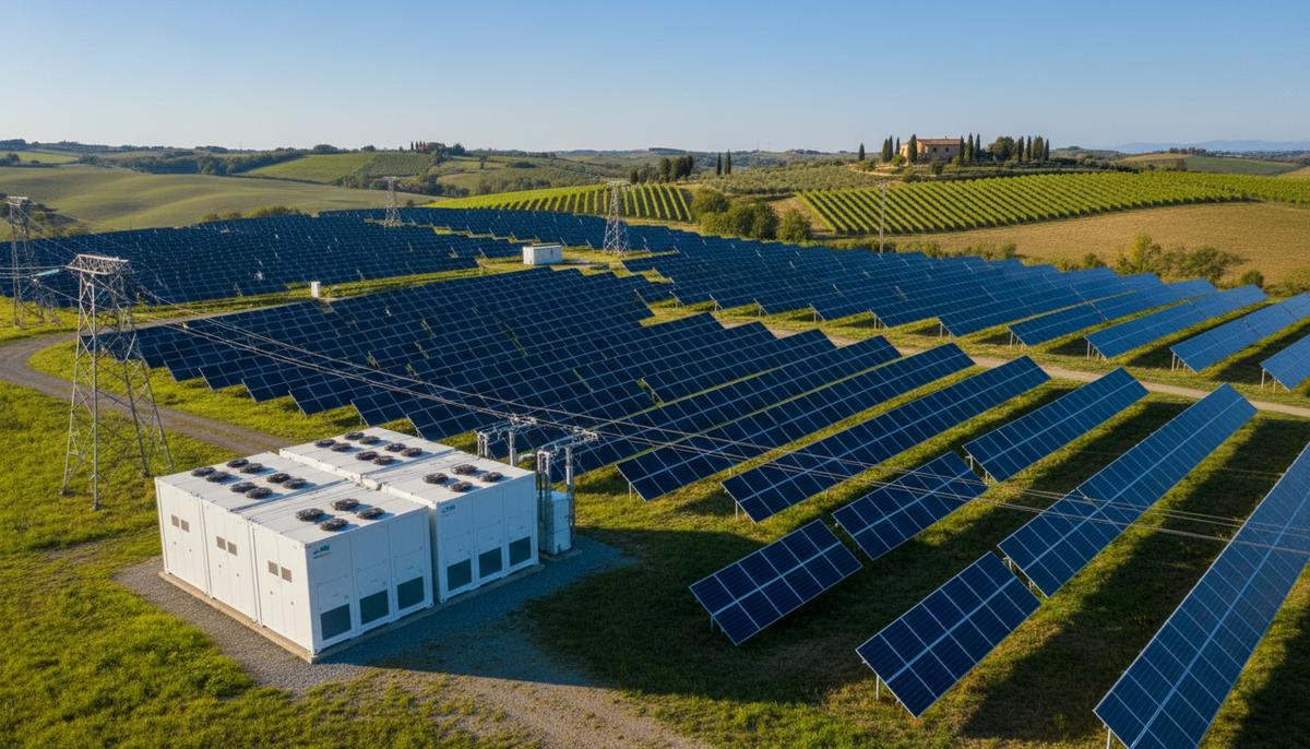 Энергосистема Италии: рекорды солнца и рост мощностей Ряды солнечных панелей и система хранения энергии на фоне холмистого итальянского пейзажа.