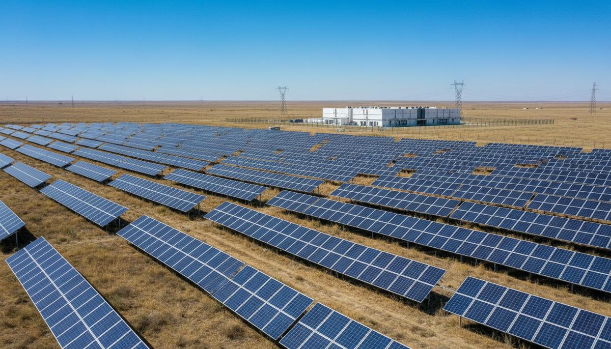 Огромное поле солнечных панелей в степном ландшафте Узбекистана с комплексом систем накопления энергии на заднем плане.