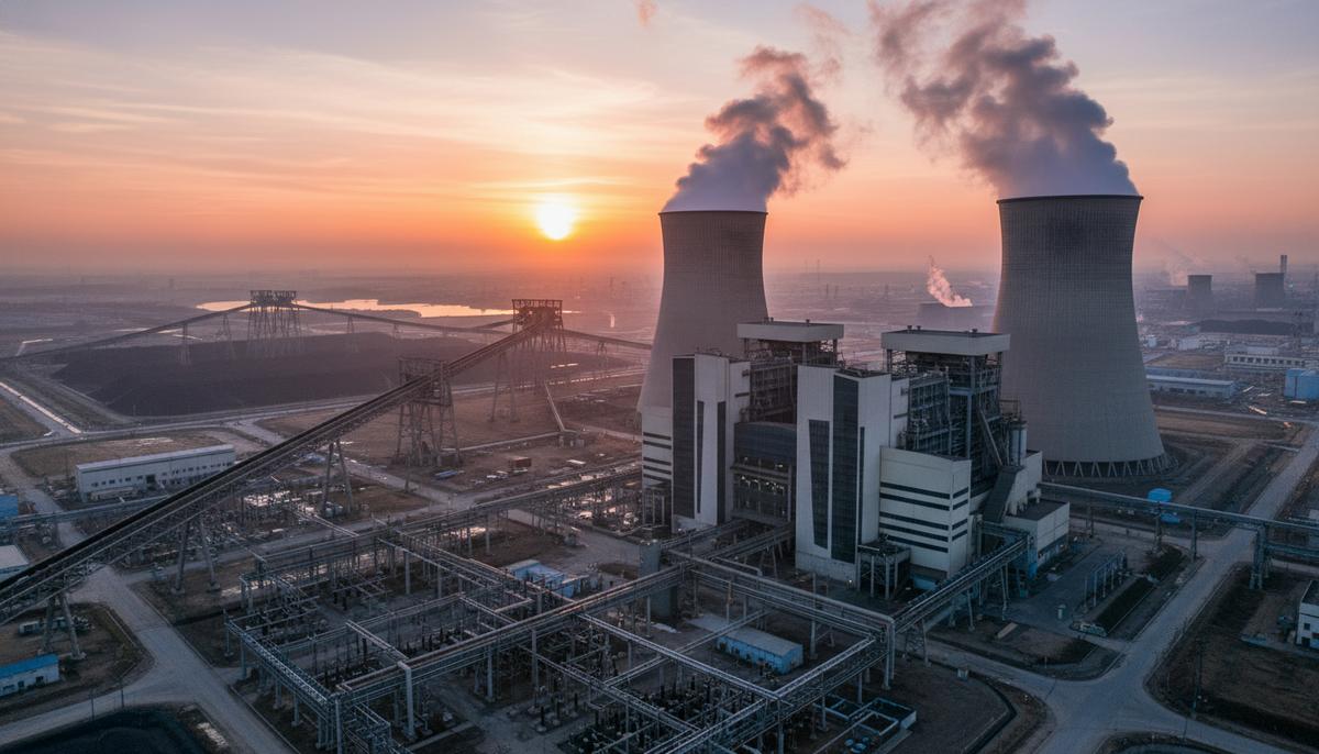 Современная угольная электростанция на рассвете: градирни с белым паром, промышленные корпуса и система конвейеров.