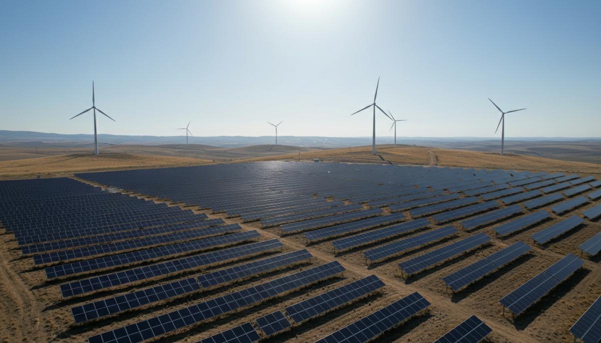 Огромное поле солнечных панелей на фоне холмов с ветряными турбинами в сельской местности Турции.