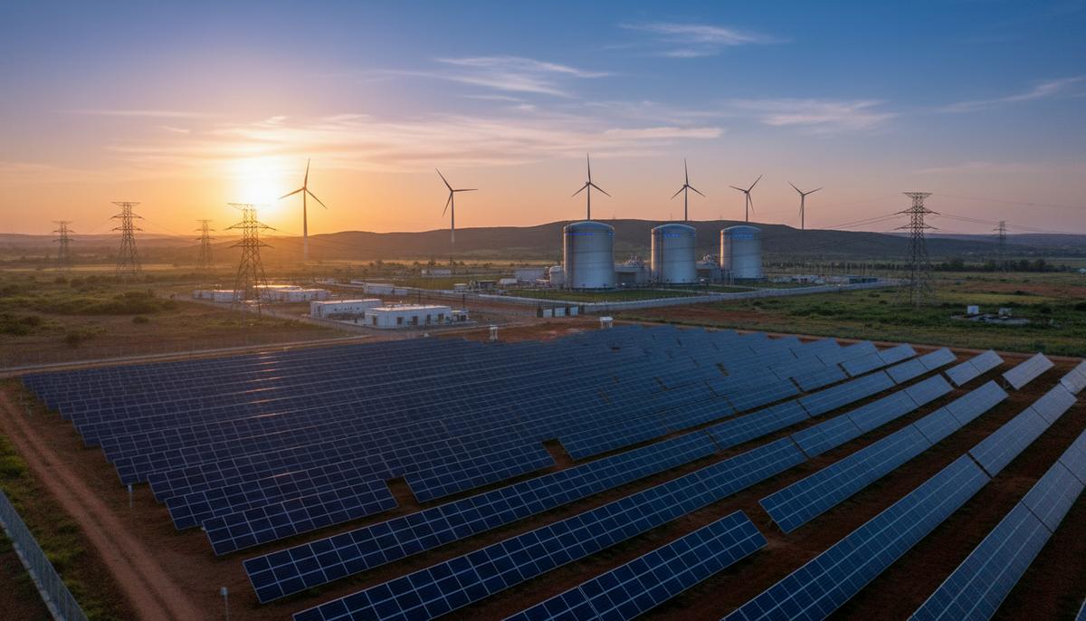 Современный энергетический пейзаж Индии: поля с солнечными панелями, ветряные турбины на холмах и атомная электростанция на рассвете.
