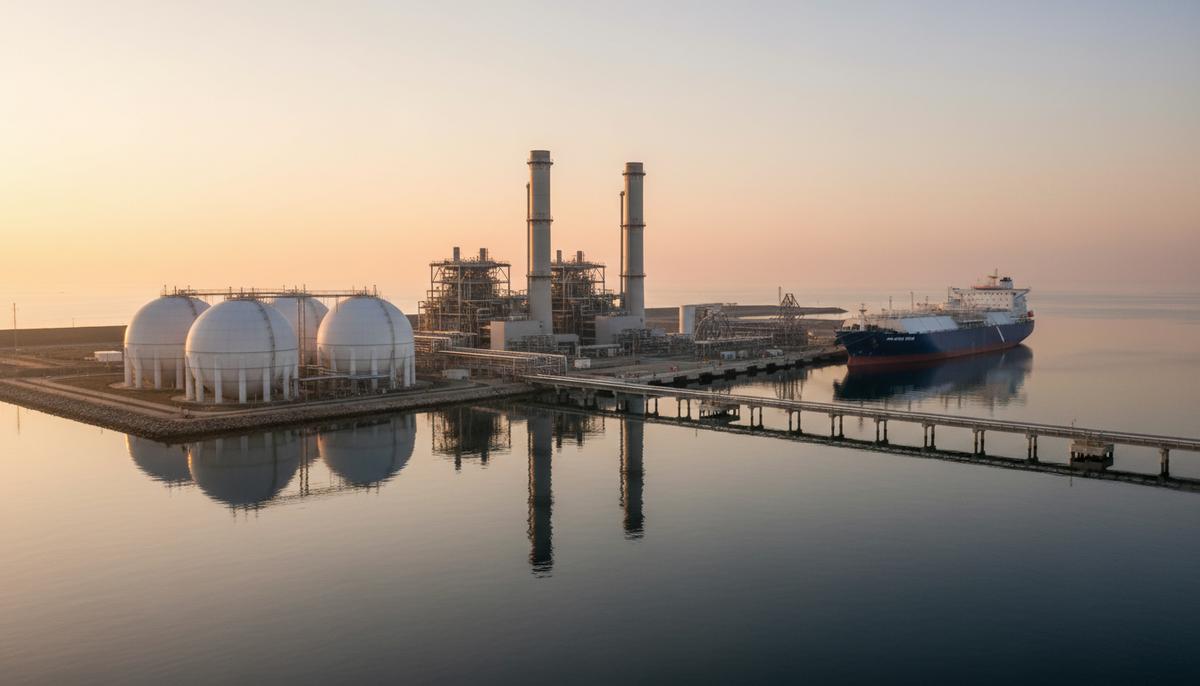 Крупная СПГ-электростанция на побережье с портом и сферическими резервуарами для хранения сжиженного газа.