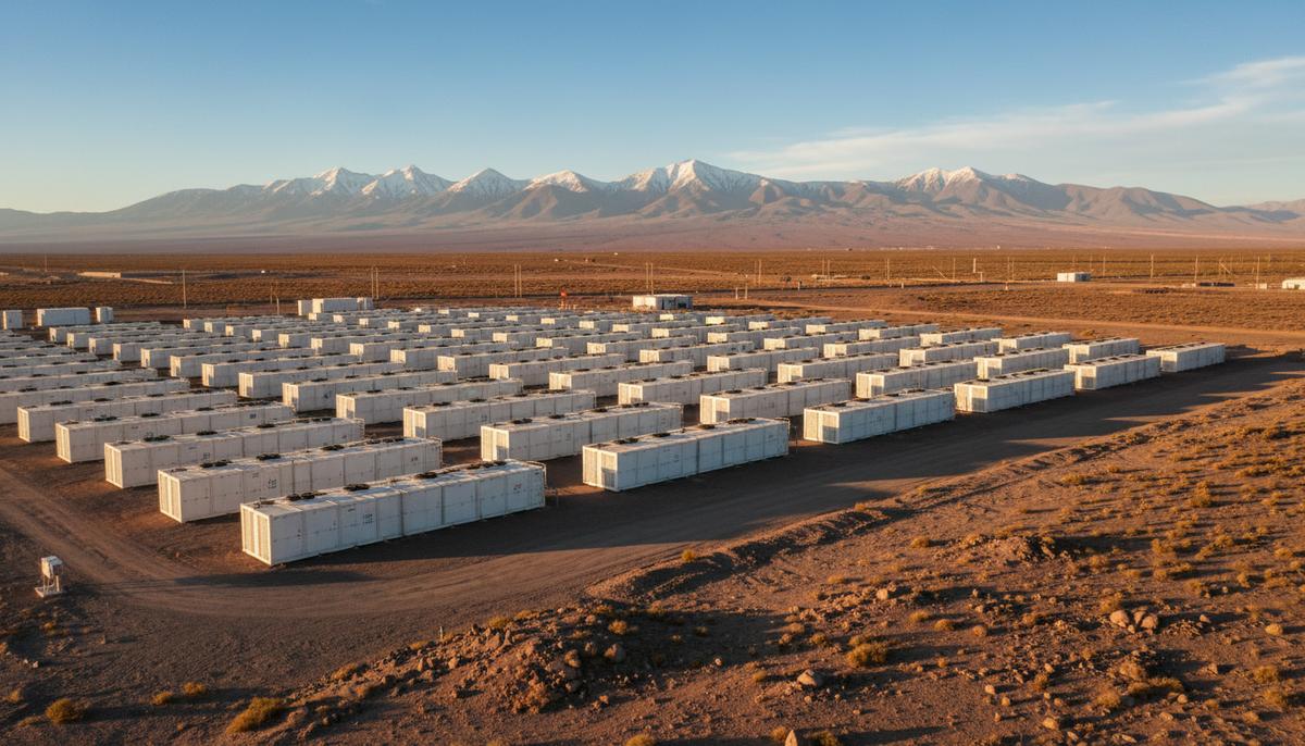 Ряды контейнеров системы накопления энергии на фоне пустынного пейзажа и гор в регионе Атакама, Чили.