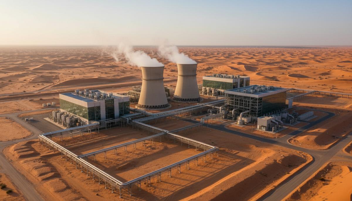 Современная парогазовая электростанция с трубами и градирнями в пустынной местности Омана на рассвете.