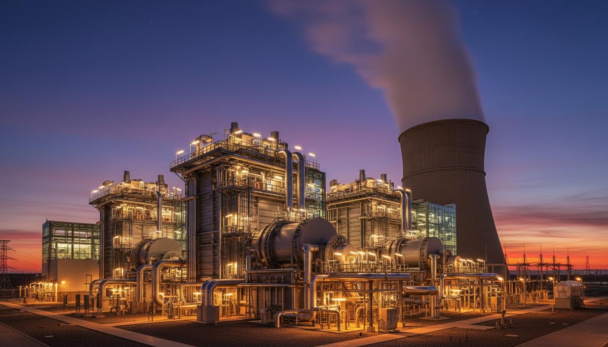 Современная газовая теплоэлектростанция комбинированного цикла в сумерках. Видны освещенные промышленные турбины, трубопроводы и градирня, из которой поднимается пар.