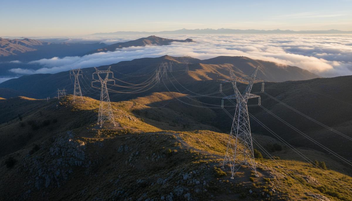 Высоковольтные линии электропередачи и опоры ЛЭП, уходящие вдаль через суровый горный пейзаж в Андах на границе.
