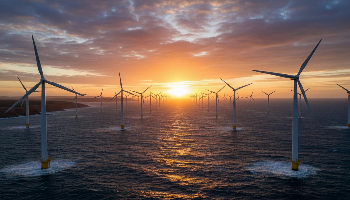 Множество морских ветряных турбин в океане у побережья Австралии на фоне заката. Линия берега видна на горизонте.