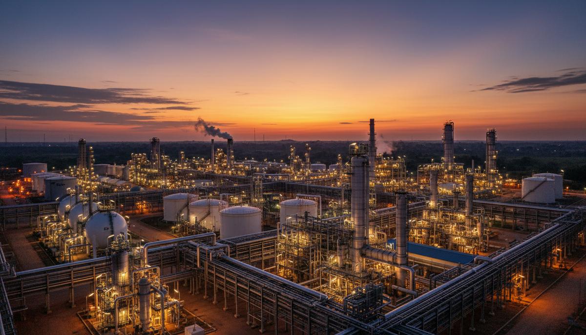 Современный газоперерабатывающий завод с сетью труб, технологических башен и резервуаров на фоне вечернего неба в Нигерии.