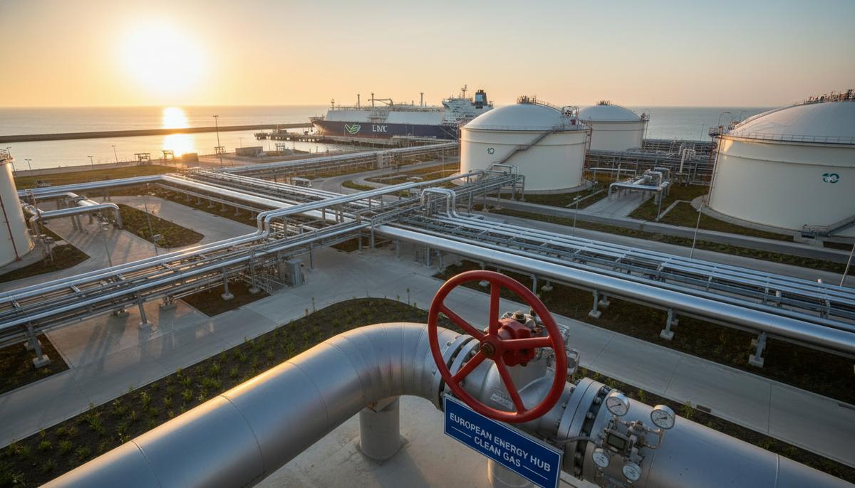 Крупный газовый терминал с трубопроводами и резервуарами для хранения сжиженного природного газа в европейском порту на рассвете.