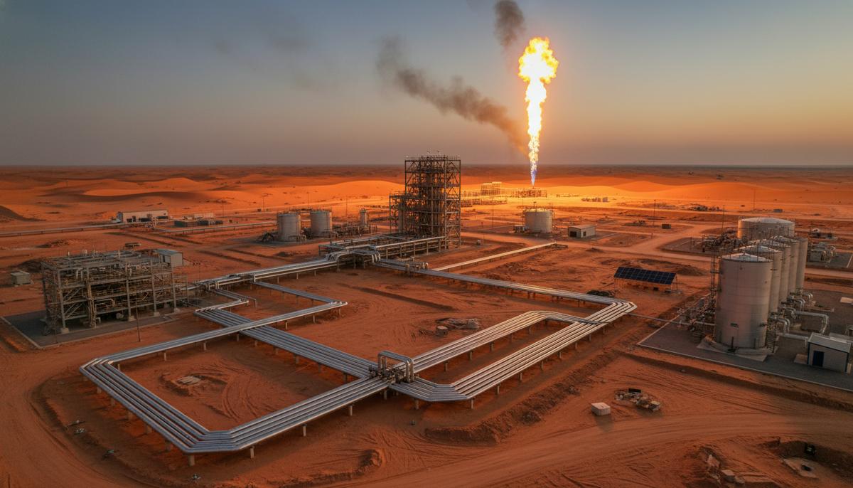 Ливия заключила нефтегазовую сделку на $20 млрд с TotalEnergies и ConocoPhillips Современный нефтегазовый комплекс с трубопроводами в ливийской пустыне на закате. Яркий факел горит на фоне сумеречного неба.