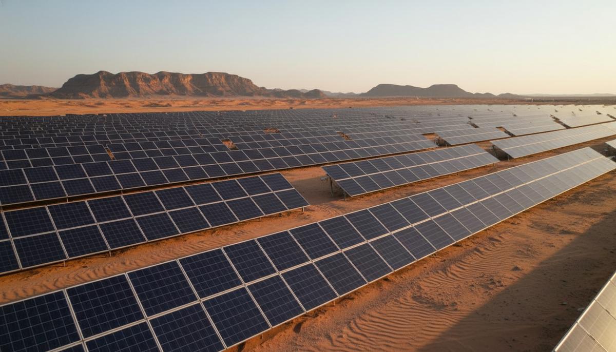 Оман планирует построить 6 ГВт солнечных мощностей к 2031 году Панели солнечной электростанции, уходящие за горизонт в песчаной пустыне Омана на фоне скалистых холмов.