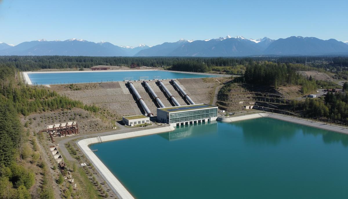 Новая ГАЭС в США: 1,2 ГВт мощности на месте бывшего завода Гидроаккумулирующая электростанция с двумя резервуарами воды на разных уровнях на фоне гор штата Вашингтон.