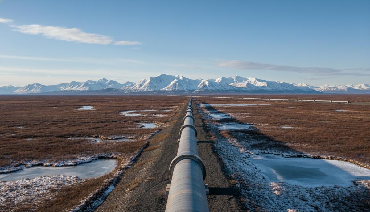 Проект Alaska LNG: от планов к реализации первой фазы Магистральный газопровод, проложенный через суровую арктическую тундру на Аляске, на фоне заснеженных гор.