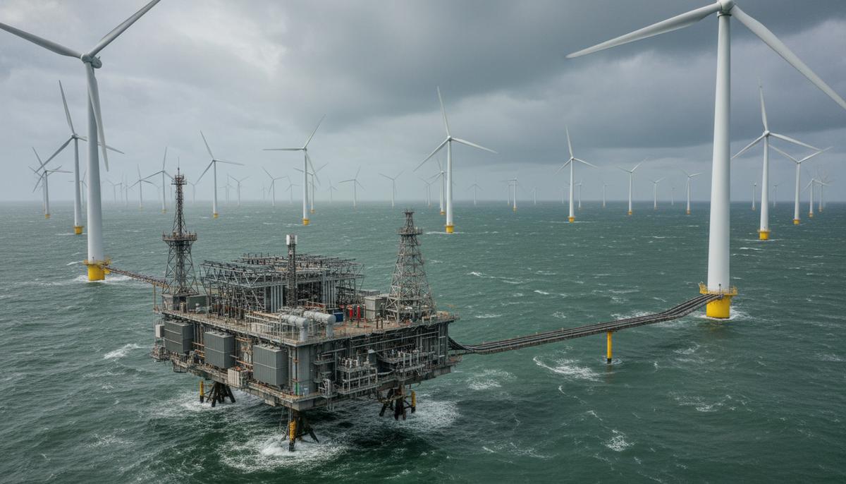 Страны Северного моря объединились для создания 100 ГВт ветровой генерации Офшорная ветровая электростанция в Северном море с рядами турбин до горизонта и крупной морской трансформаторной подстанцией на переднем плане.