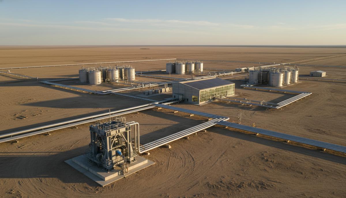 Современная станция хранения энергии в соляной пещере с комплексом труб и технологических установок на поверхности.