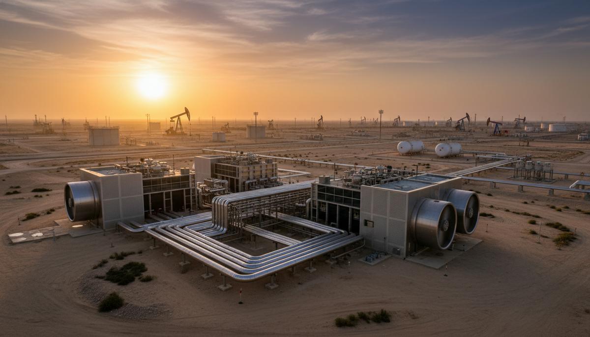 Современная теплоэлектроцентраль с трубами и турбинами на территории нефтяного месторождения Ратка в кувейтской пустыне на закате.
