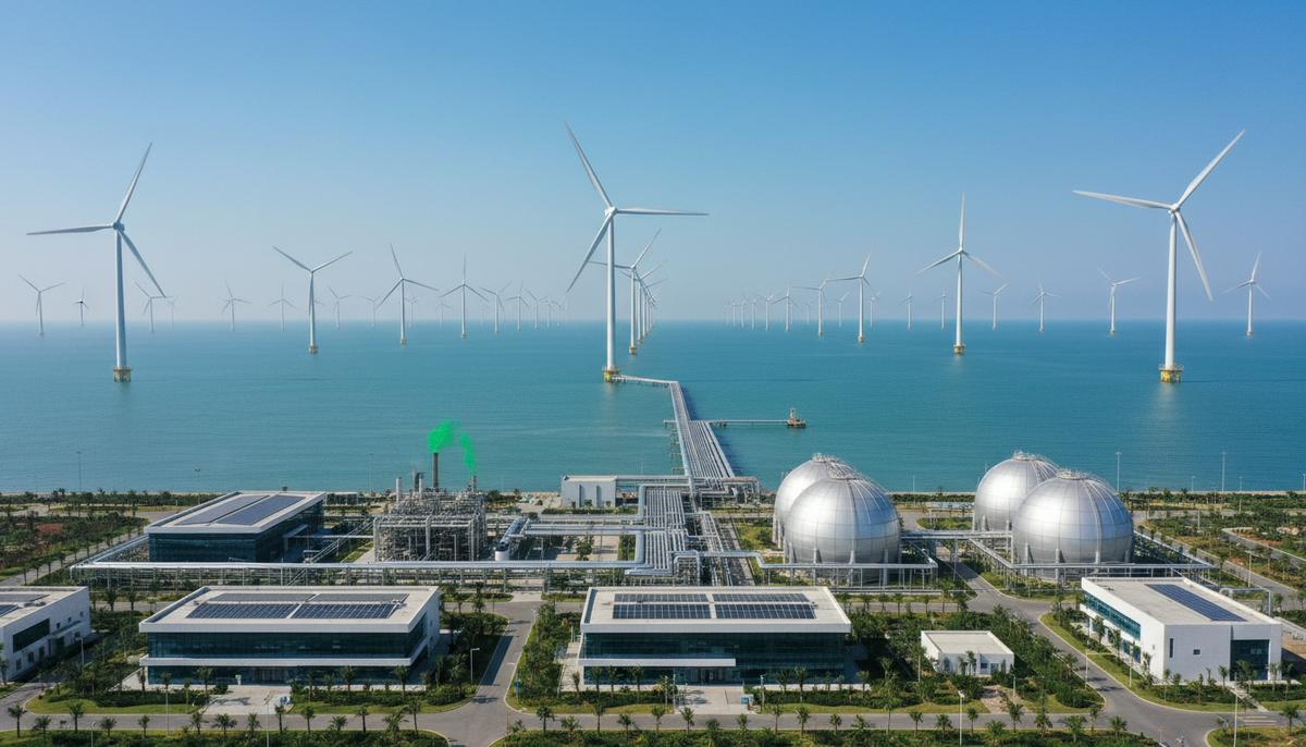 Китай запустил водородный парк для декарбонизации металлургии Морская ветряная электростанция на побережье, соединенная трубопроводами с современным промышленным парком и резервуарами для хранения водорода.