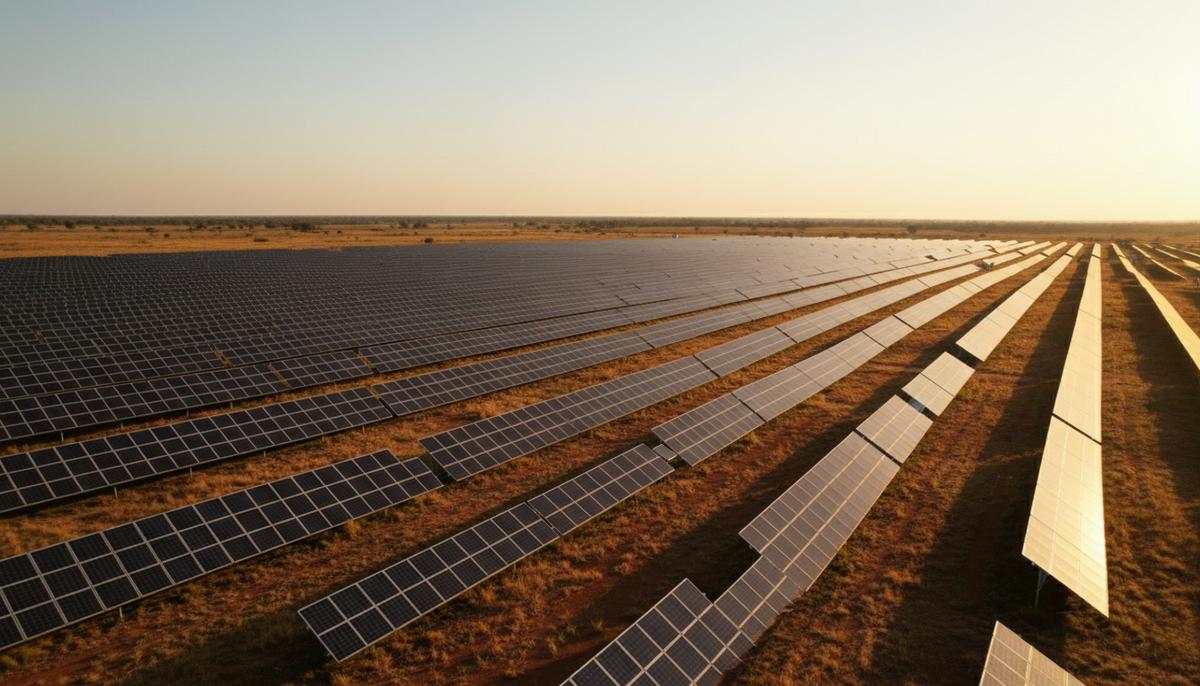 Замбия готовит мегапроект: 1 ГВт солнечной энергии к 2030 году Солнечная электростанция с рядами фотоэлектрических панелей, расположенная в поле африканской саванны в Замбии.