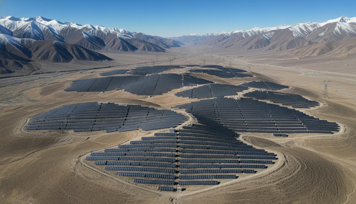 Китай ввел в строй гигаваттную СЭС на высоте 4600 метров Солнечная электростанция с рядами фотоэлектрических панелей на высокогорном плато на фоне скалистых заснеженных гор.